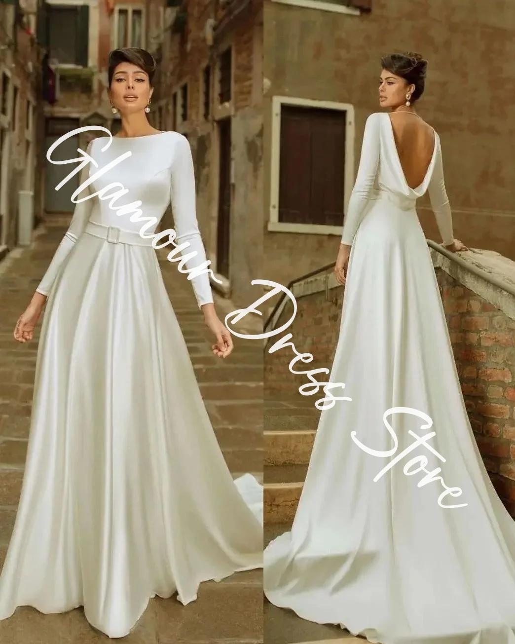 Customized Exquisite Satin A-Line Belt Evening Dresses Crew Neck Long Sleeves Open Back Panel Train Bespoke Occasion G