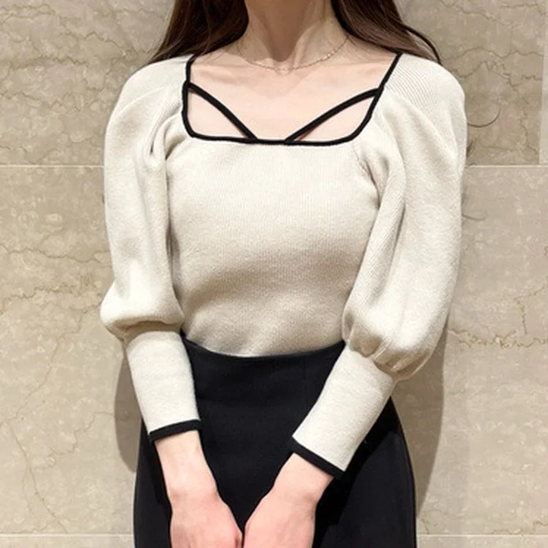 Kuzuwata 2024 Japanese Jumpers New Women Pullovers Square Collar Bandage Three Quarter Lantern Sleeve Sliming Knitted Sweater