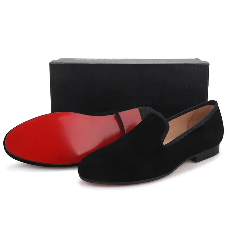 New In Red Bottom Shoes for Men Loafers Flock Solid Slip-On Party Men Dress Shoes Size 38-48  Men Shoes