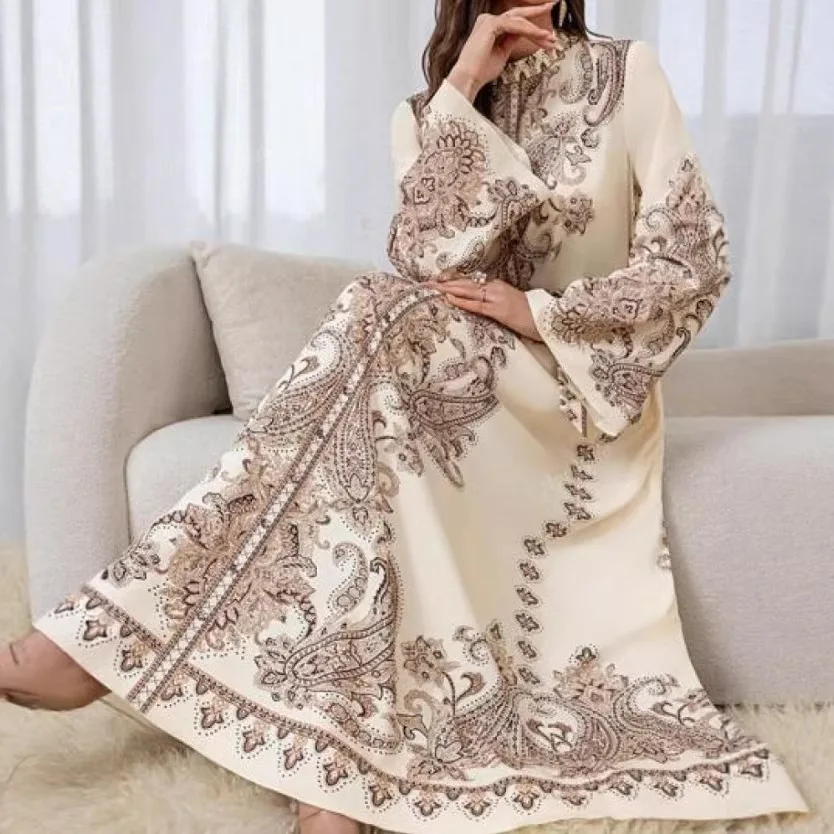 

2026 new court style stand-up collar lantern sleeve coat wavy edge long retro printed dress