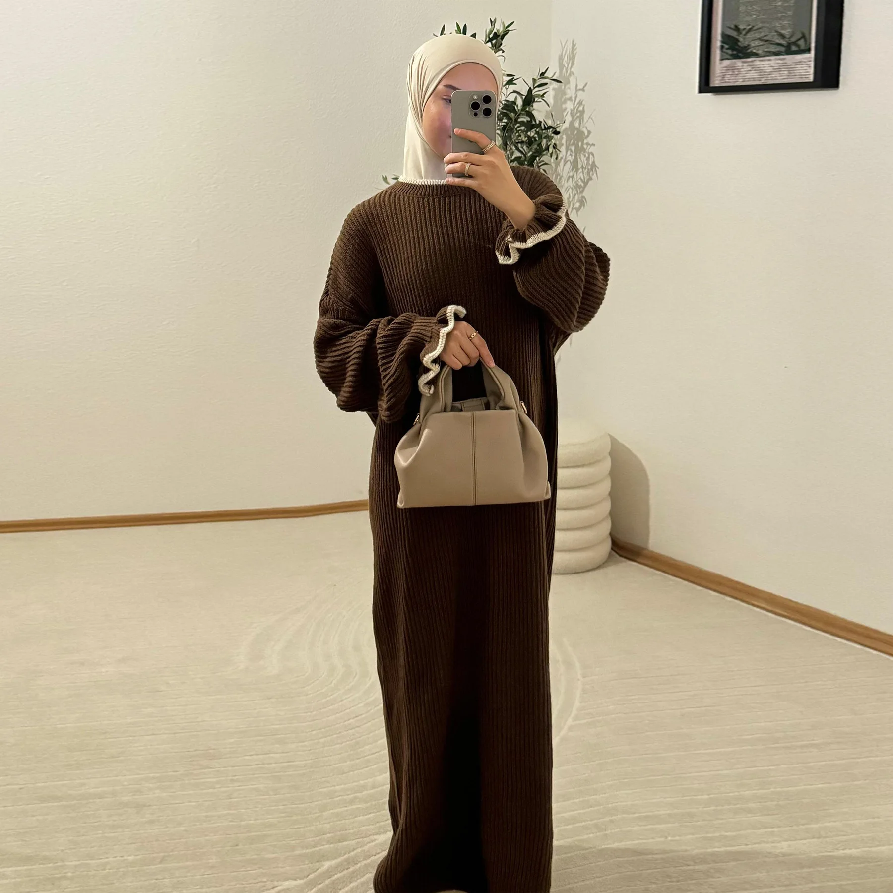 Dubai Middle East Autumn Winter Knitted Long Dress Modest Muslim Women Sweater Dresses Turkey Kaftan Ramadan Abaya Caftan Robe