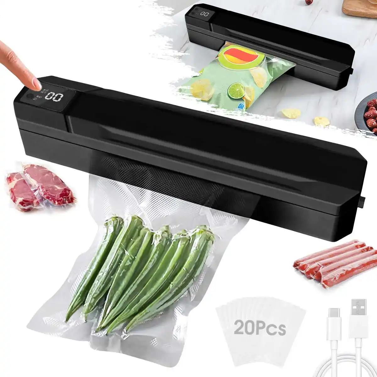 

USB charging vacuum digital display screen sealing machine plastic sealing machine (including 20 * sealing pocket), 1500mAh