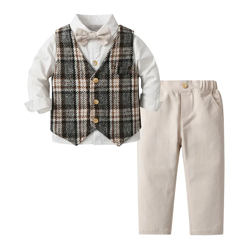 

Autumn Children's Boys Long-sleeved Shirt Long Pants British Checked Vest Three-piece Set Toddler Baby Performance Clothing Suit