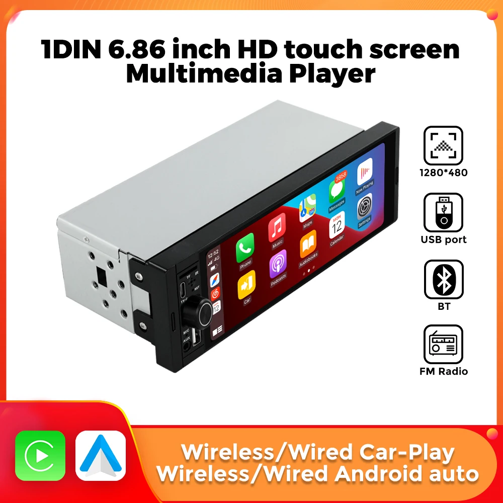 1Din 6,86 Zoll IPS Touchscreen CarPlay Android Auto Navigation Autoradio Universal MP5-Player AUX USB TYPE-C TF Rückfahrkamera