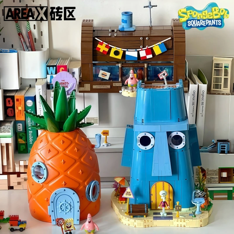 

AREAX Губка Боб Строительный блок Krusty Krabskidward Щупальца дома Ананас Дом Сращивание Модель Украшения Игрушки Подарки