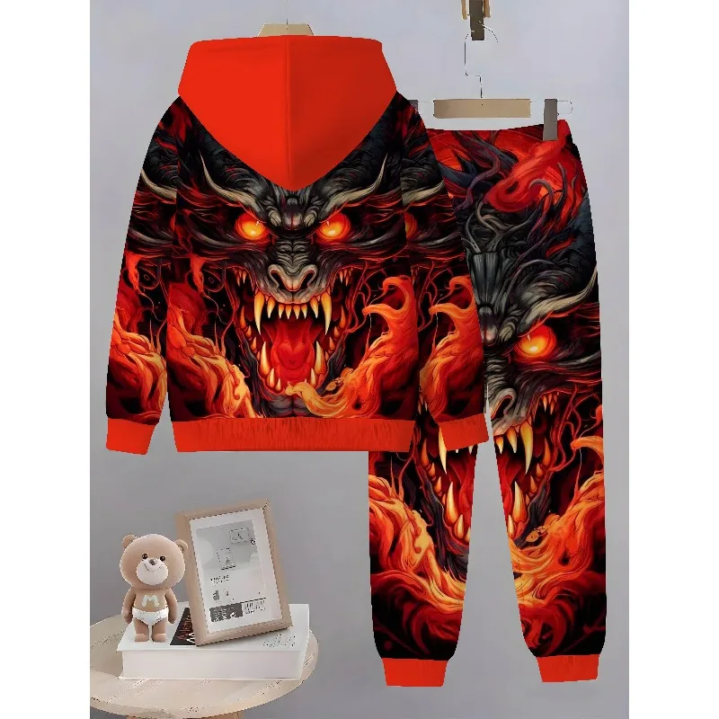 2025 Spring and Autumn Season New Two Piece Hoodie and Pants Set with 3D Colorful Dragon Pattern Printing Set