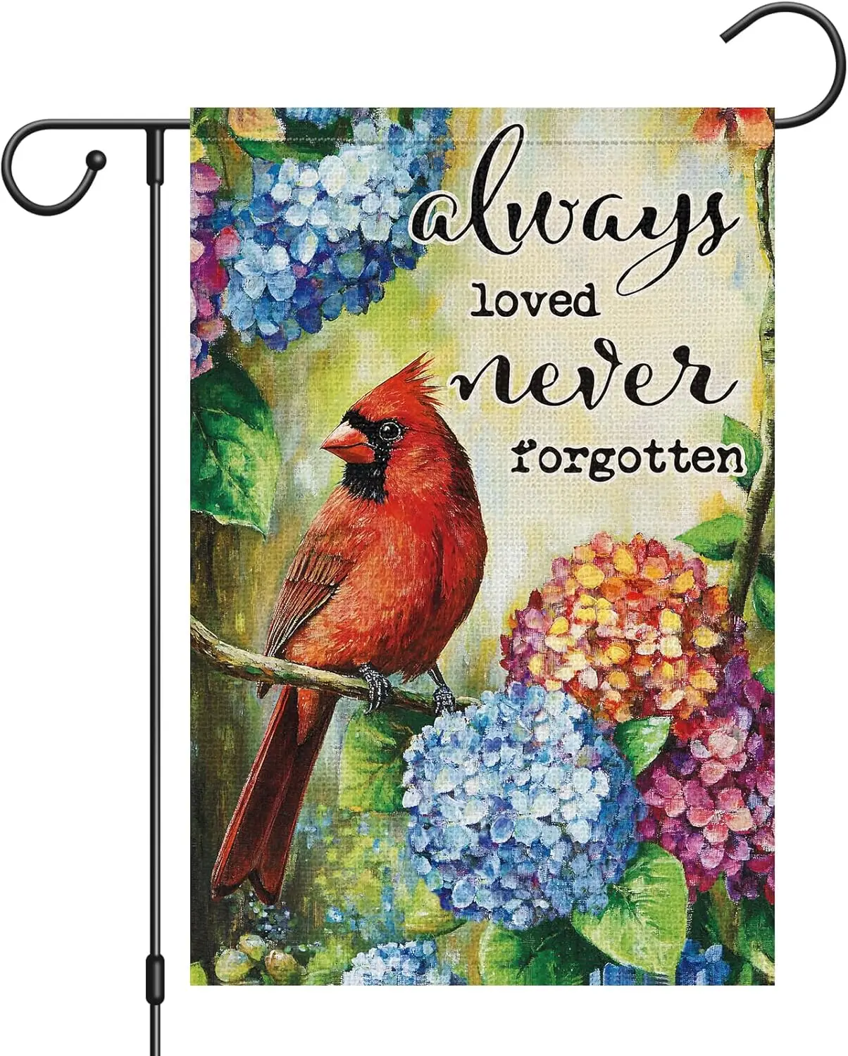 Heyfibro Always Loved Never Forgotten Memorial Spring Garden Flag 12x18 Double Sided Burlap, Spring Summer Cardinal Hydrange EEZ