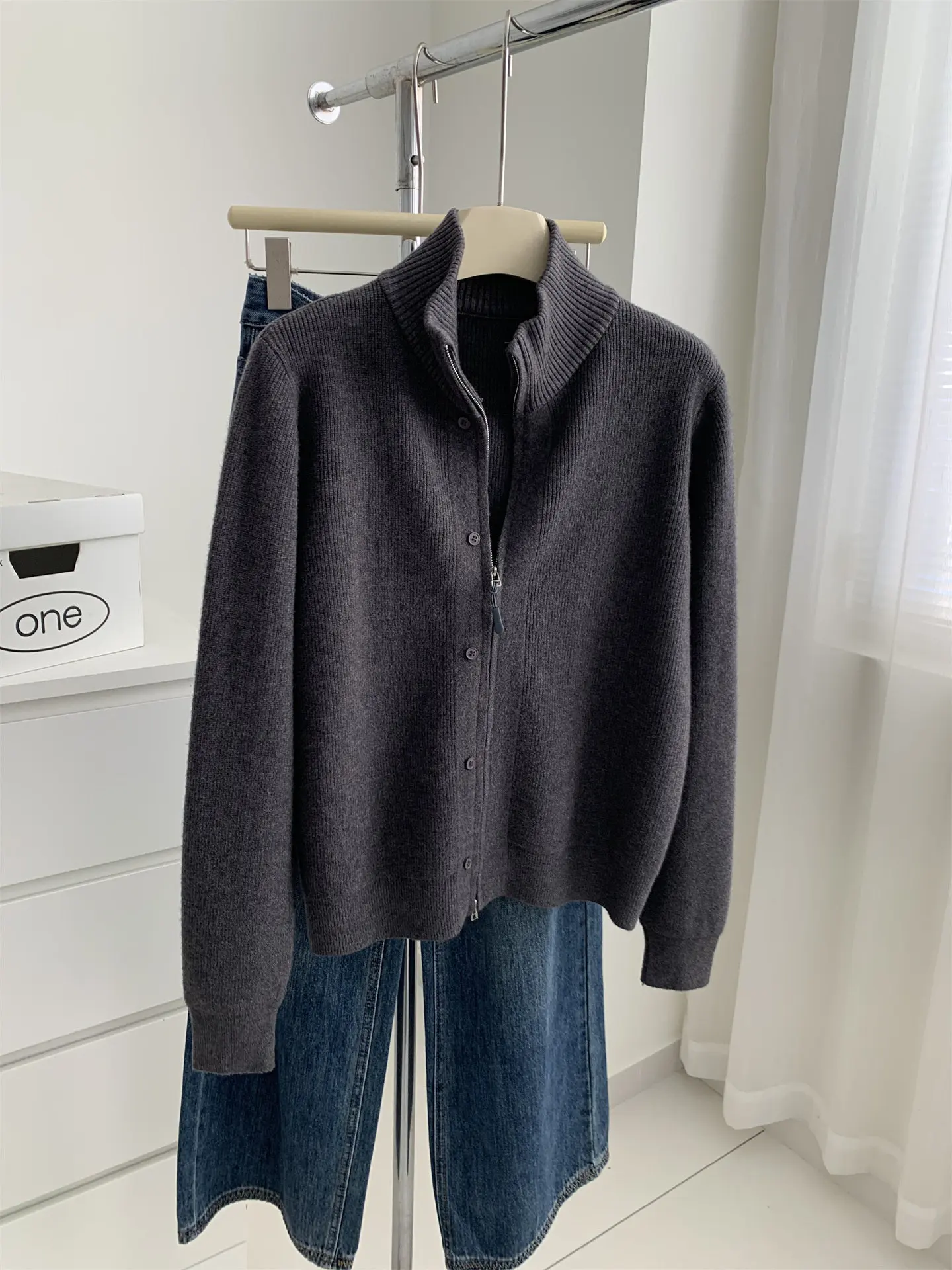 Double Zipper Stand Collar Knit Cardigan Women's Autumn Winter Fashion Design Button Pit Stripe Knitwear Outerwear Coat