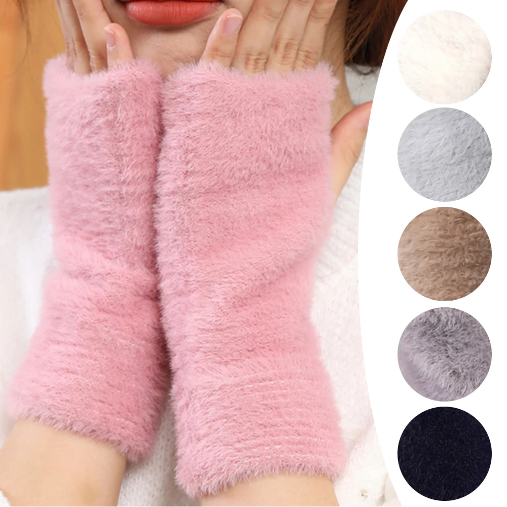 

Winter Half Finger Gloves Women Faux Rabbit Velvet Warm Plush Fingerless Glove Wrist Mittens Writting Outdoor Indoor Hand Warmer