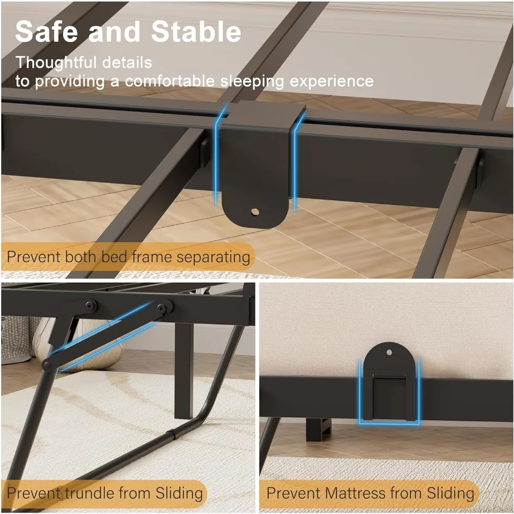 Tempat Tidur Twin dengan Tempat Tidur Tambahan, Sofa Tempat Tidur Twin Modern, Rangka Tempat Tidur Logam Kokoh dengan Sandaran Kepala Berlapis untuk Ruang Tamu, Tempat Tidur