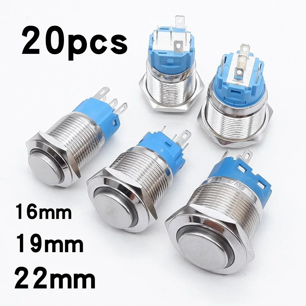 20pcs 16mm 19mm 22mm metal button switch control device on or off 1NO1NC flat head strap matching connector green white 3v 110v