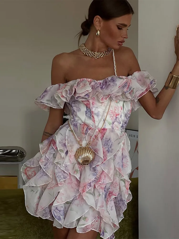 

Sexy Printed Chiffon Off Shoulder Mini Dress Women Fashionable Sleeveless Pleated Slim Fit Dresses Lady Summer Chic Casual