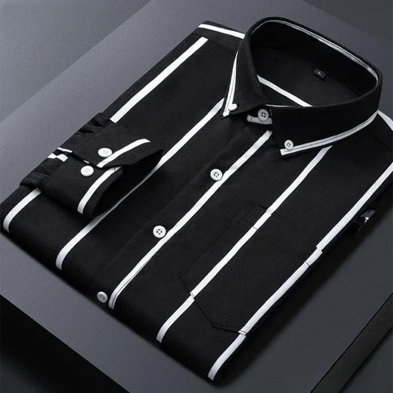 Herren gestreifte Hemden formale lässig bedruckte karierte Hemd Langarm Slim Fit unten unten männlich Büro Business Kleid Hemd schwarz