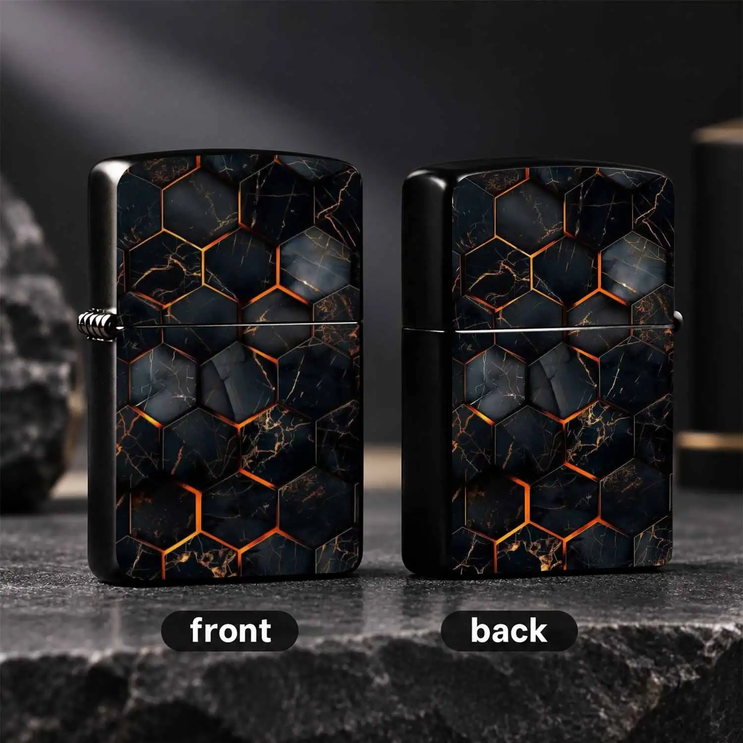 Luxurious Black Gold Hexagonal Textured Lighter, Exquisite Marbled Vein With Gilded Accent, Portable Stylish Daily Use Item, Durable Fine Craftsmanship, Perfect For Gifting Personal Collection, Fits All Scenarios To Show Your Unique Taste A