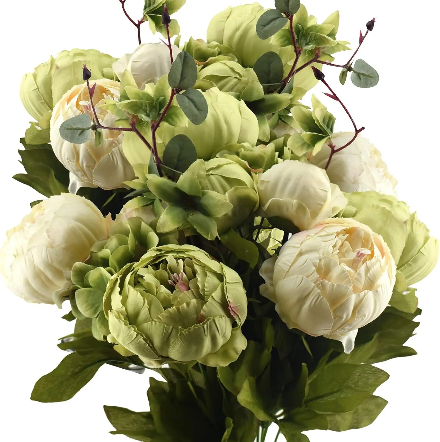 

Artificial Peony Bouquets, 3 Cream Beige & Moss Green Silk Flower Bundles for Wedding Centerpieces & Home Decor –Vintage Peonie
