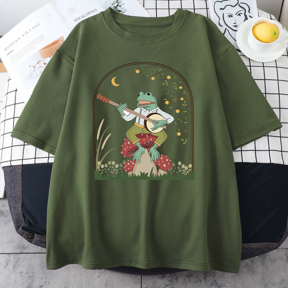 Cottagecore Aesthetic Frog Playing Banjo On Mushroom Cute Vintage Male T Shirt Cotton Oversize Tee Clothes Summer Anime T-Shirts