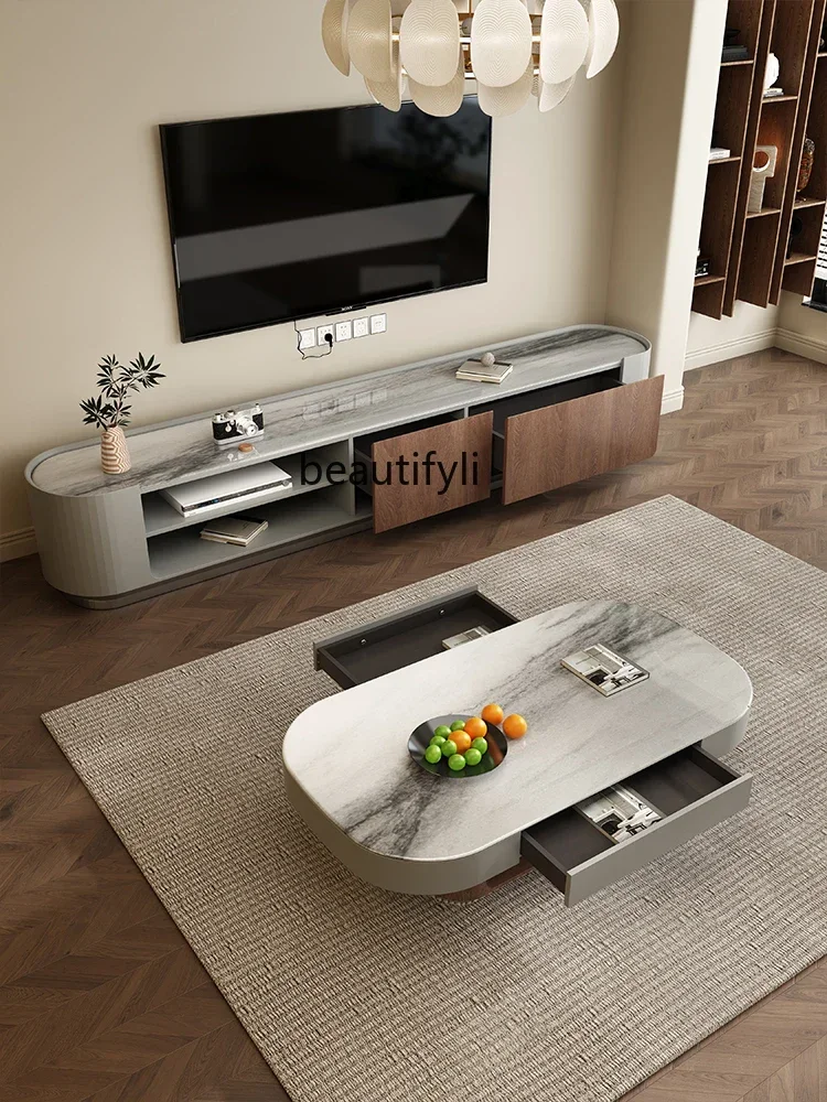 

K185 Light Luxury Modern Microlite Coffee Table TV Cabinet Combination Retro Style Walnut Coffee Table Living Room Home