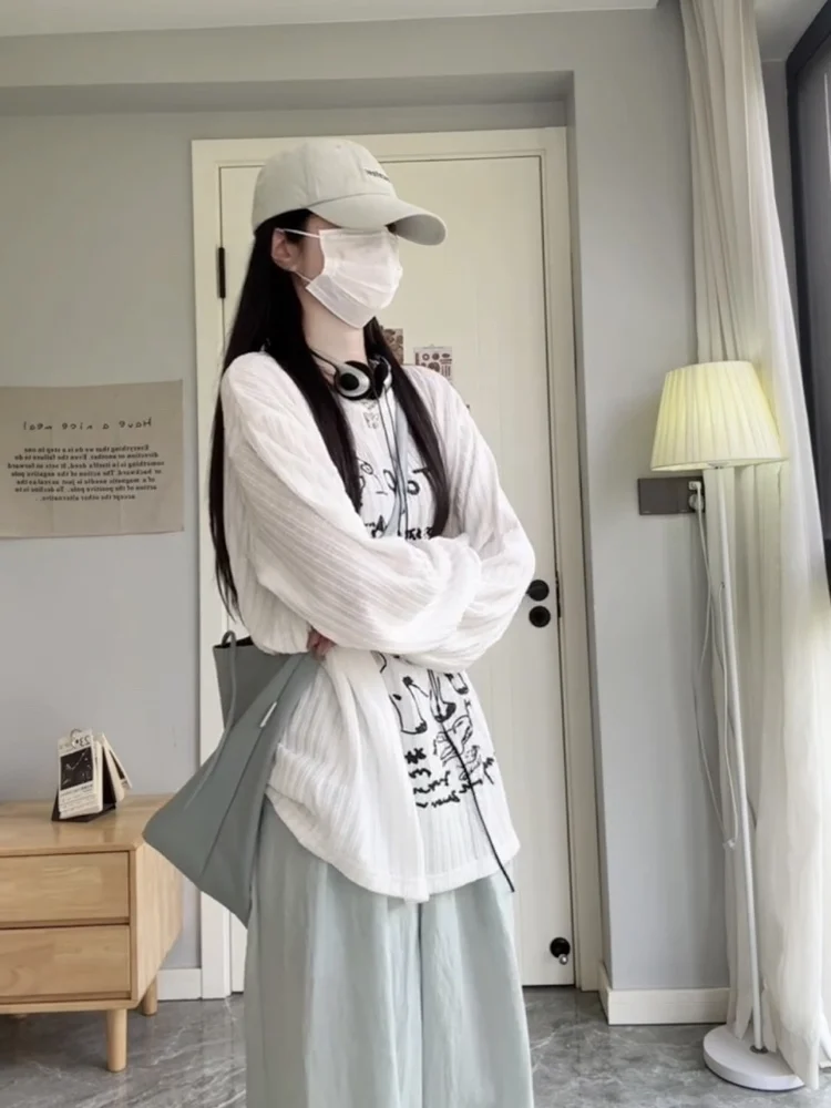 Koreanische Sle fiti Print Lose Fit Leichte Lange Sve Gestrickte Top frauen Sommer Sonnenschutz T-shirt Casual Faul S...