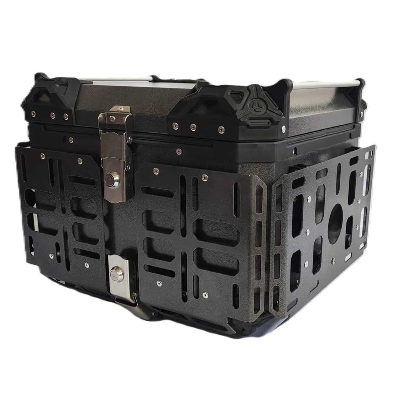 

45-литровый мотоциклетный кофр из алюминия, черный матовый, со стальным основанием и складной опорой, задняя сумка для туринга