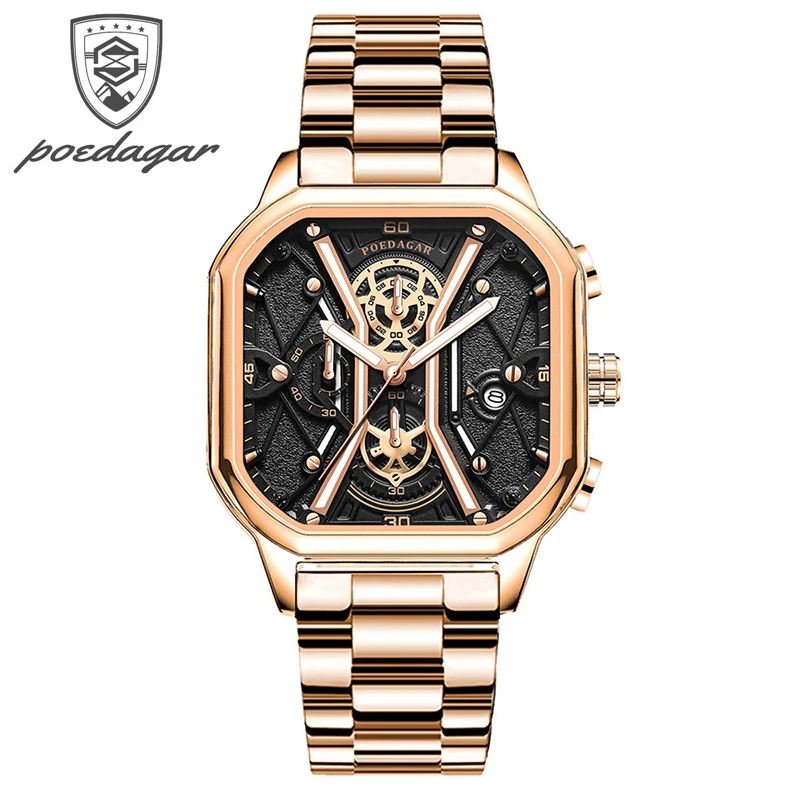 POEDAGAR Fashion Square Quartz Watch Men Stainless Steel Waterproof Luminous Date Sports Chronograph Watches Relogio Masculino