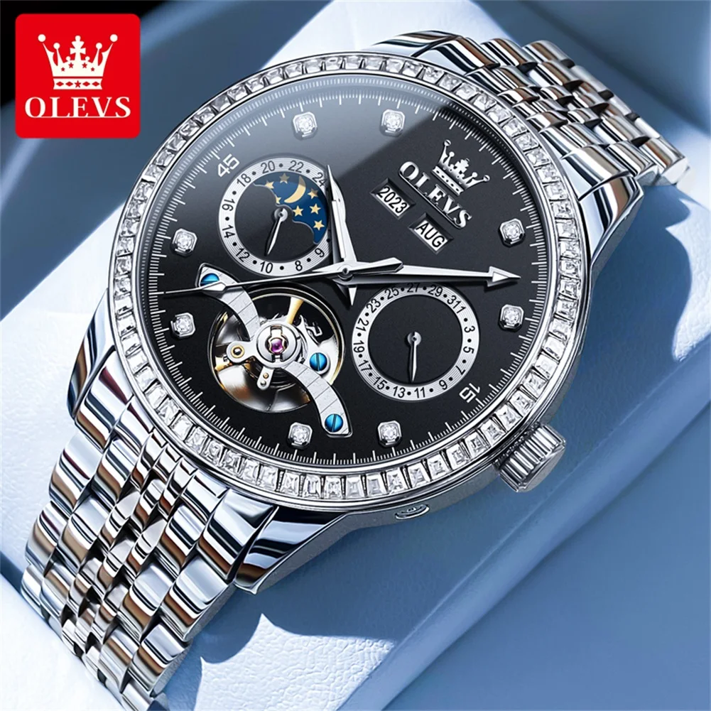 

OLEVS Mens Watches Top Brand Luxury Tourbillon Mechanical Watch Men Stainless Steel Waterproof Fashion Diamond Moon Phase Watch