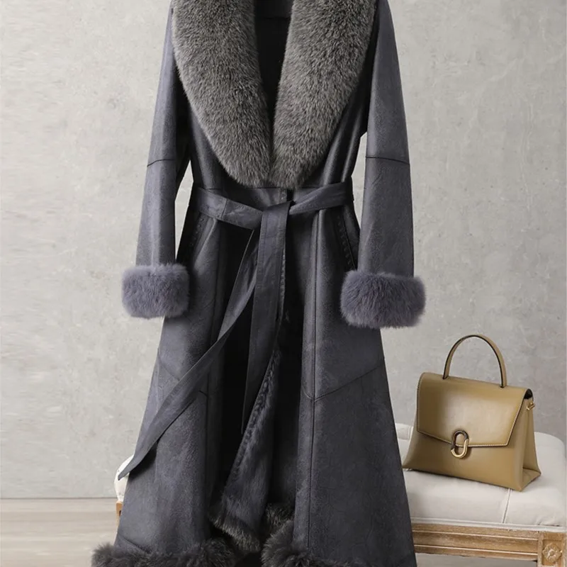 Haining imitation fur coat one women's mid-length over the knee hair collar slim-fit belt