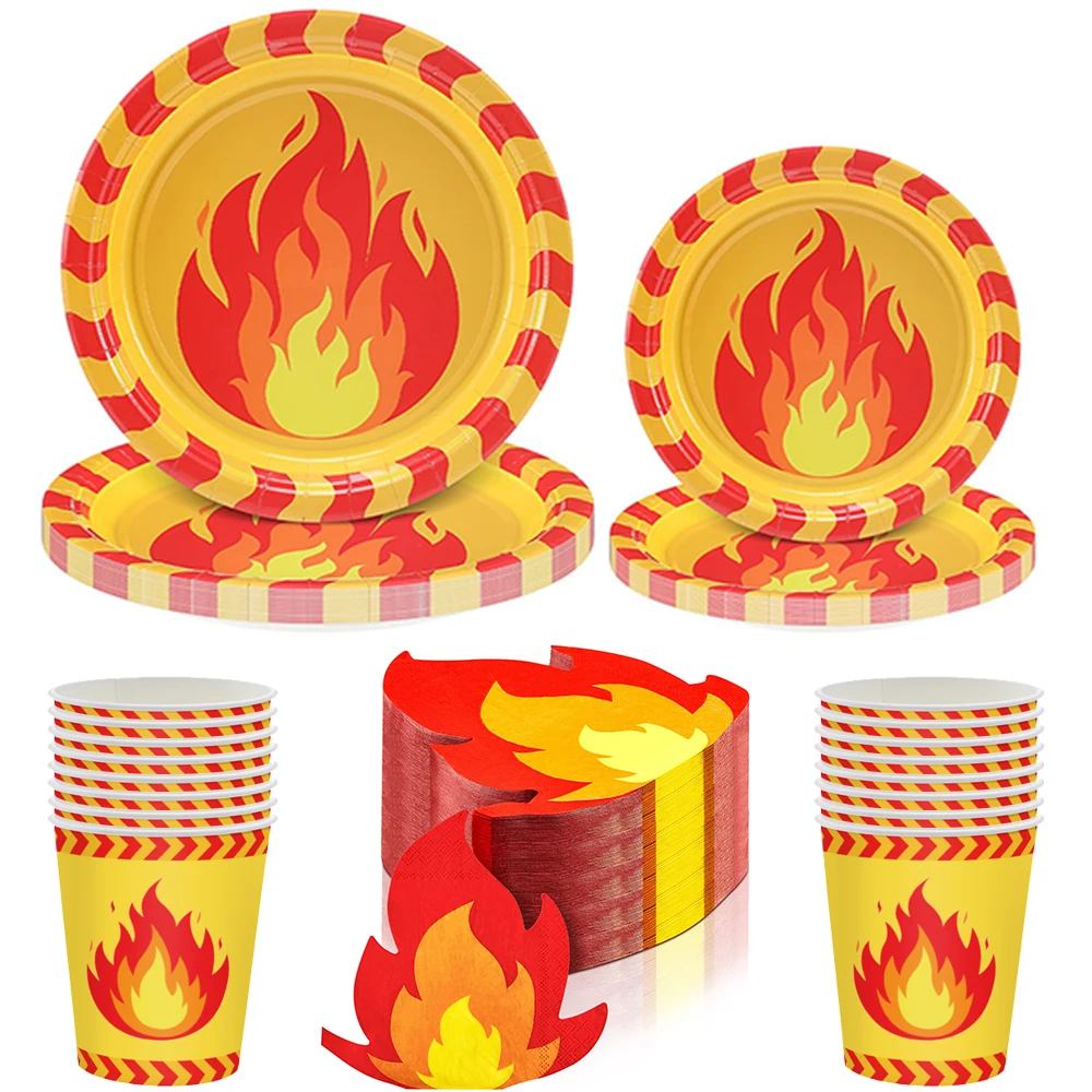 Fire Party Disposable Paper Plates Flame Napkins Cups Kids Fire Truck Firefighter Fireman Birthday Party Favors Decors Supplies