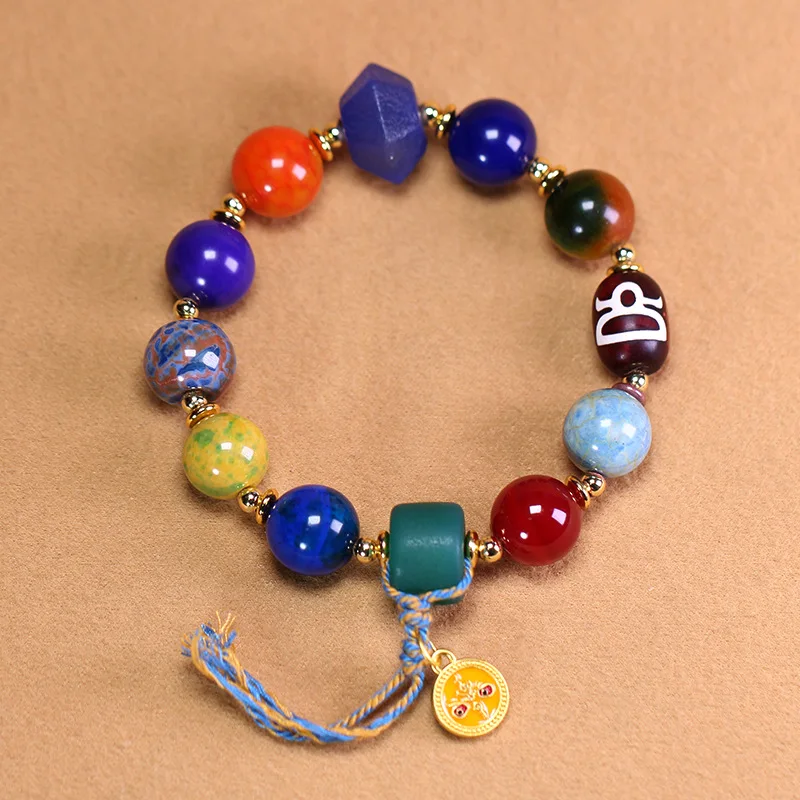 Natural Tibetan Genuine Old Mine Raw Stone Lapis Lazuli Agate Fortune Bead Multi-Treasure Bracelet, approximately 12x15mm