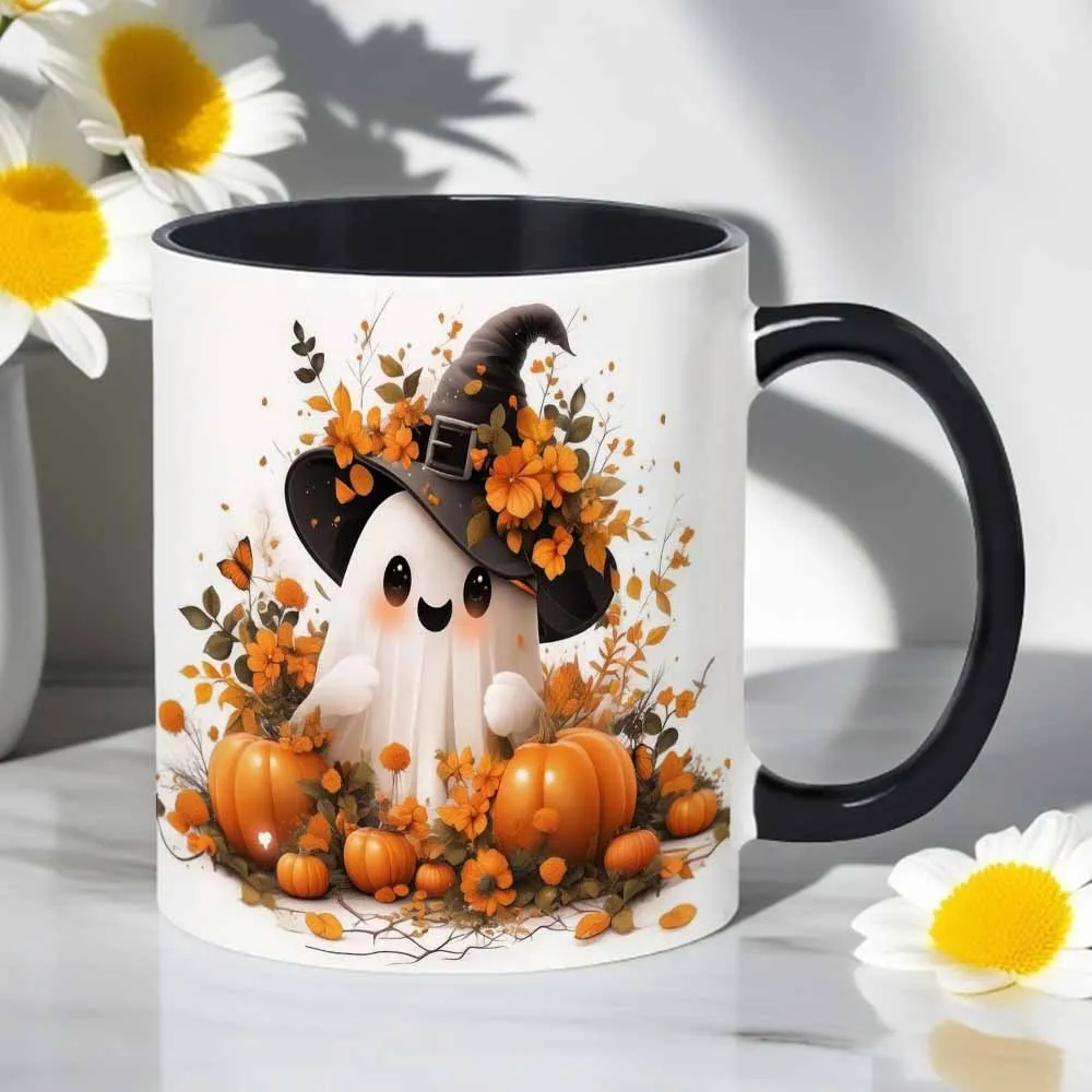 1pc, 11 Ounces Classic Humorous Tea And Coffee Quote Ceramic Mug - Reusable Coffee Cup, Ideal for Both Summer And Winter. Adorable Ghost Wearing a Witch Hat (With Pumpkin) - Perfect Gift for Various Occasions - for Friends, Family, for Halloween