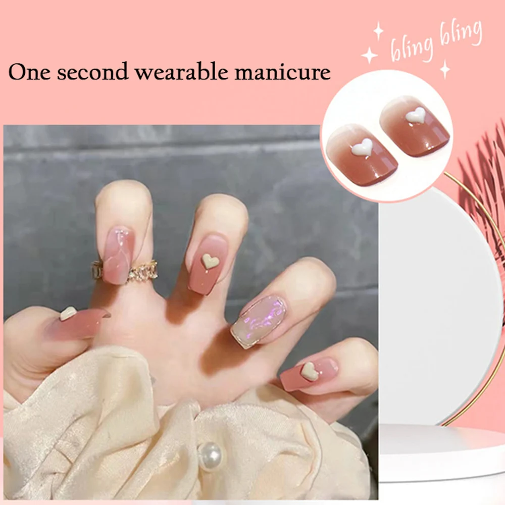 24Pcs Sweet Heart Style False Nails Glitter French Nail Patch Women Fashion Heart False Nails