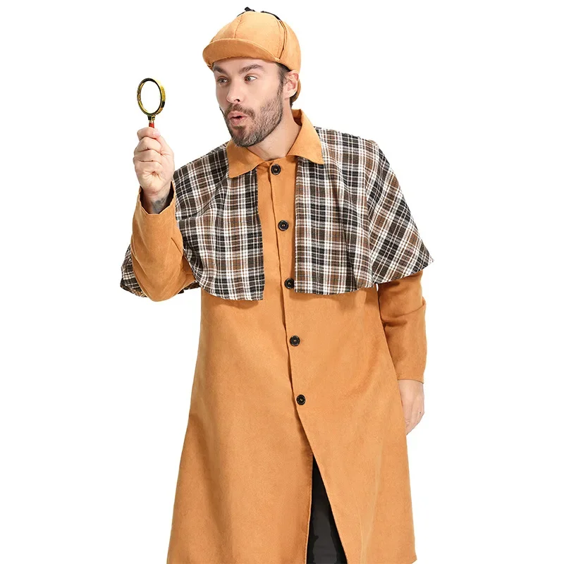 Adult Reasoning Game Role Play Clothes Male Plaid Cape Detective Cosplay Costumes Khaki Jacket Hat Outfit Halloween Men's Coat