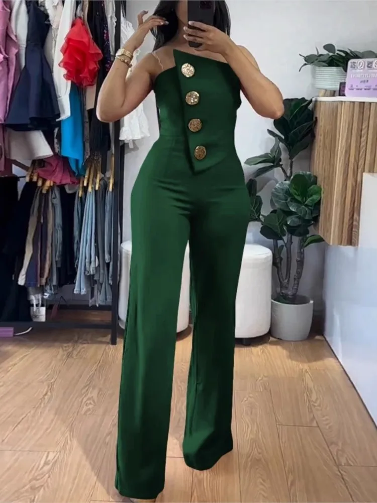 Solid White Women's Jumpsuit Commuting Office 2024 Asymmetrical Bandeau Strapless Jumpsuit Metal Button Decor Casual Overalls