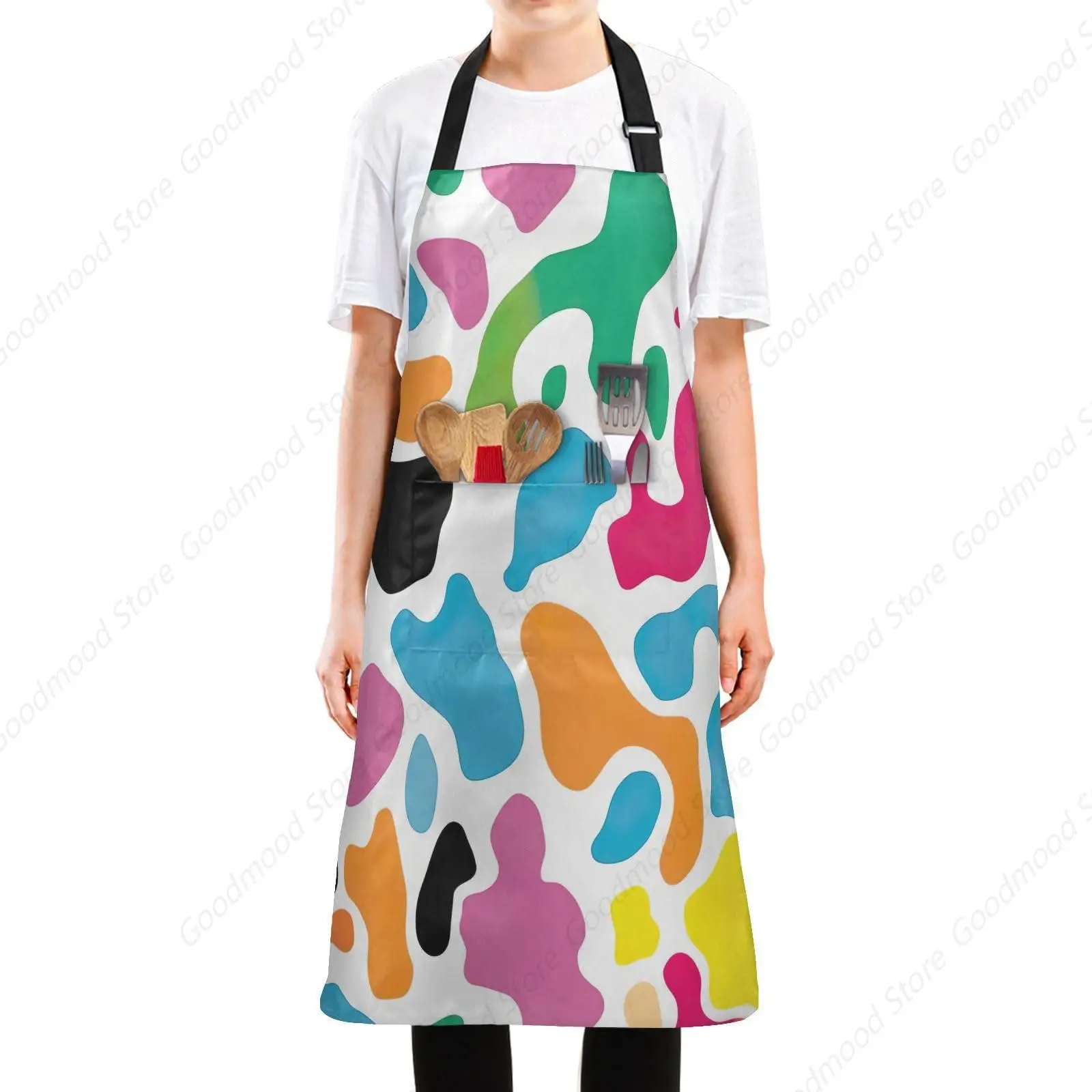 Cow Skin Kitchen Apron Abstract Black And White Spots Animal Fur Pattern Cooking Bib Apron For Chef Restaurant Home Cleaning