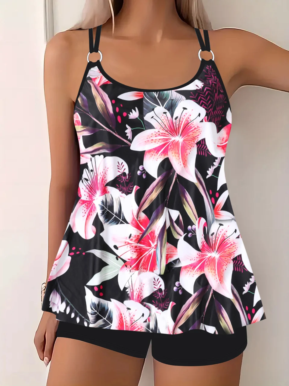 Two Pieces Tankini Set Ring Link Swimsuit 2025 Women Print High Waist Swimwear Summer Beachwear Female Bathing Swimming Suit 3XL