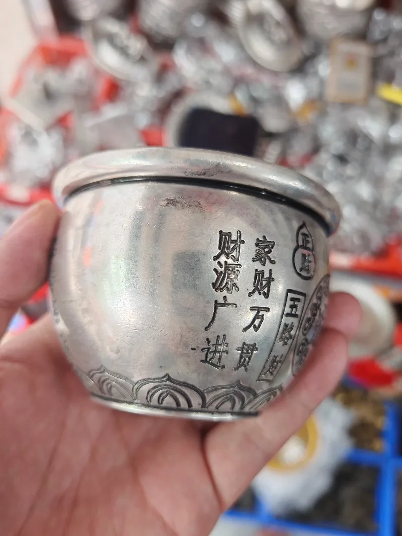 Vintage Money Bowl Decorative Figurine Resin Treasure Bowl Statue Silver Tone Craft Ornament for Home Desktop Shelf Decor Gift
