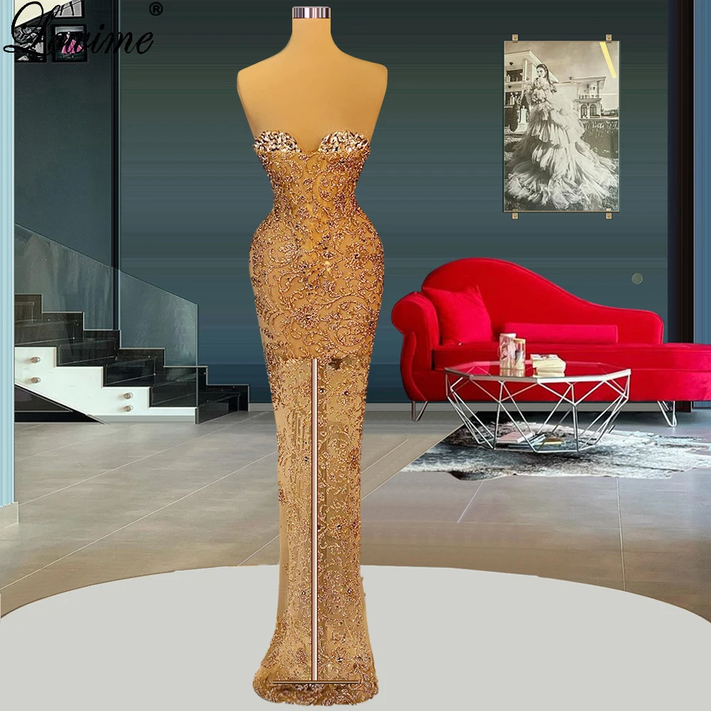 Champagne Sequins Cocktail Dresses For Women Abiti Da Sera Mermaid Strapless Prom Party Dresses Evening Wear Evening Gowns