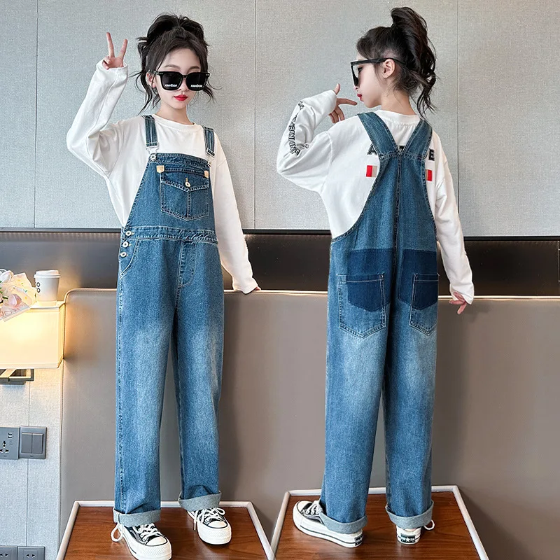 

Teen Girls Suspenders Jeans Spring Autumn Sweet Wide Leg Vintage Casual Denim Jumpsuit High Waist Loose All-Match Pants Clothes