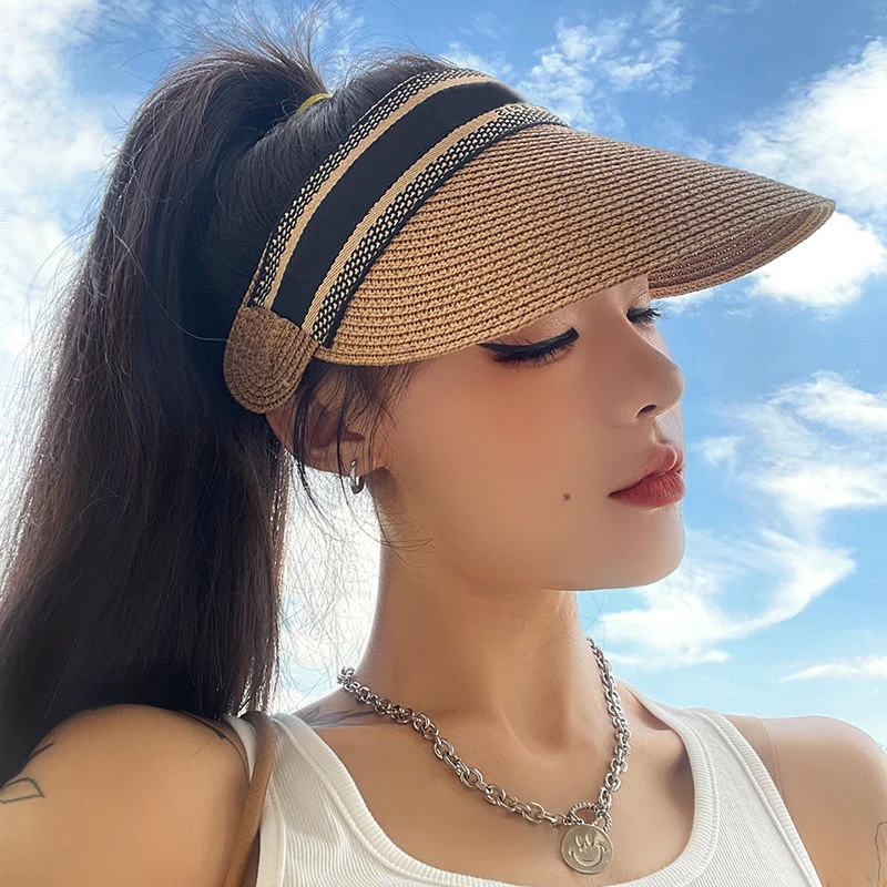 Summer Simple Women Sun Hat Anti Uv Female Outdoor Visor Cap Hand Made Straw Cap Casual Shade Hats Empty Top Beach Sunhat Lady