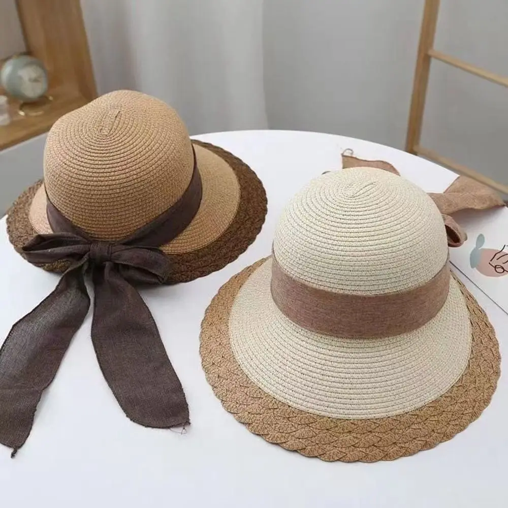 

Straw Sun Hat New Bow Ribbons UV Protection Straw Cap Portable Wide Brim Beach Hat Beach