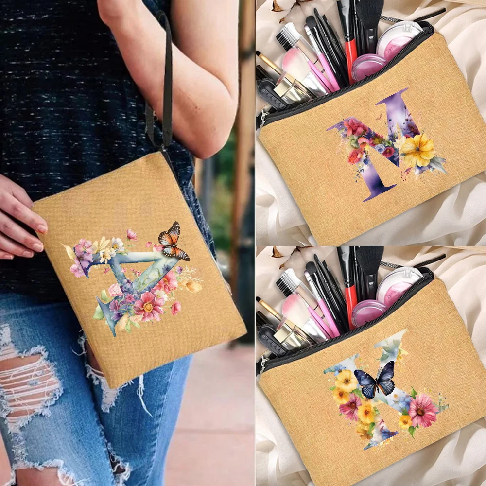 Bolsa de maquillaje portátil para mujer, bolsa de almacenamiento esencial de viaje, bolso de mano de gran capacidad, organizador de serie de letras de mariposa