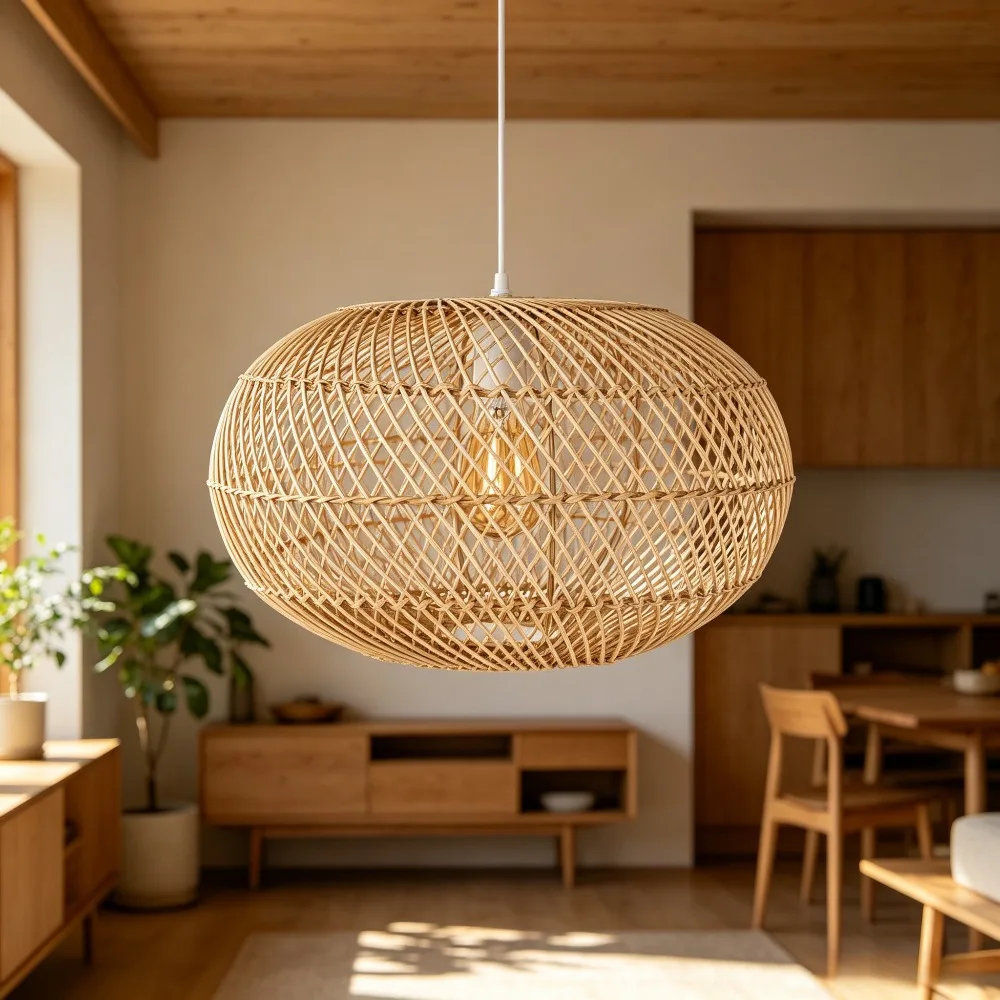JOYINLED Japanese Wabi-Sabi Rattan Pendant Lamp Handmade Boho Hanging Light with E27 for Cafe, Restaurant & Dining Area 40CM