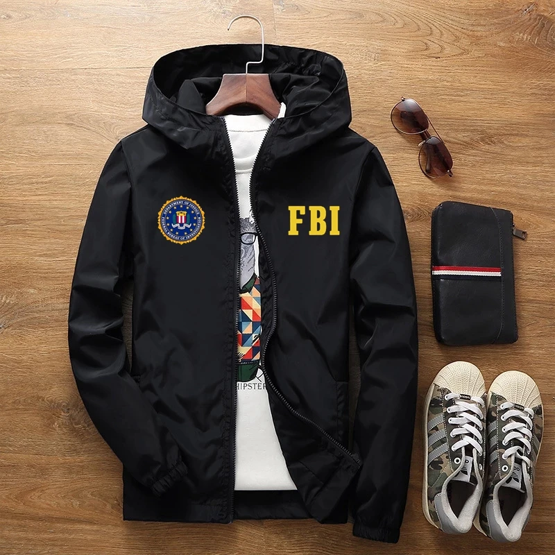 Chaqueta impermeable para hombre, Abrigo con capucha para exteriores, rompevientos, ropa con estampado del FBI, primavera y otoño, novedad de 2023