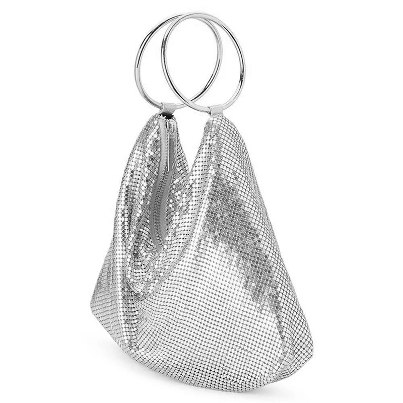 New Luxury Brand Designer Replica Women\'s Rivet-embellished Hobo Handbag, Ladies High Quality Rectangular Silver Party Wrist Bag