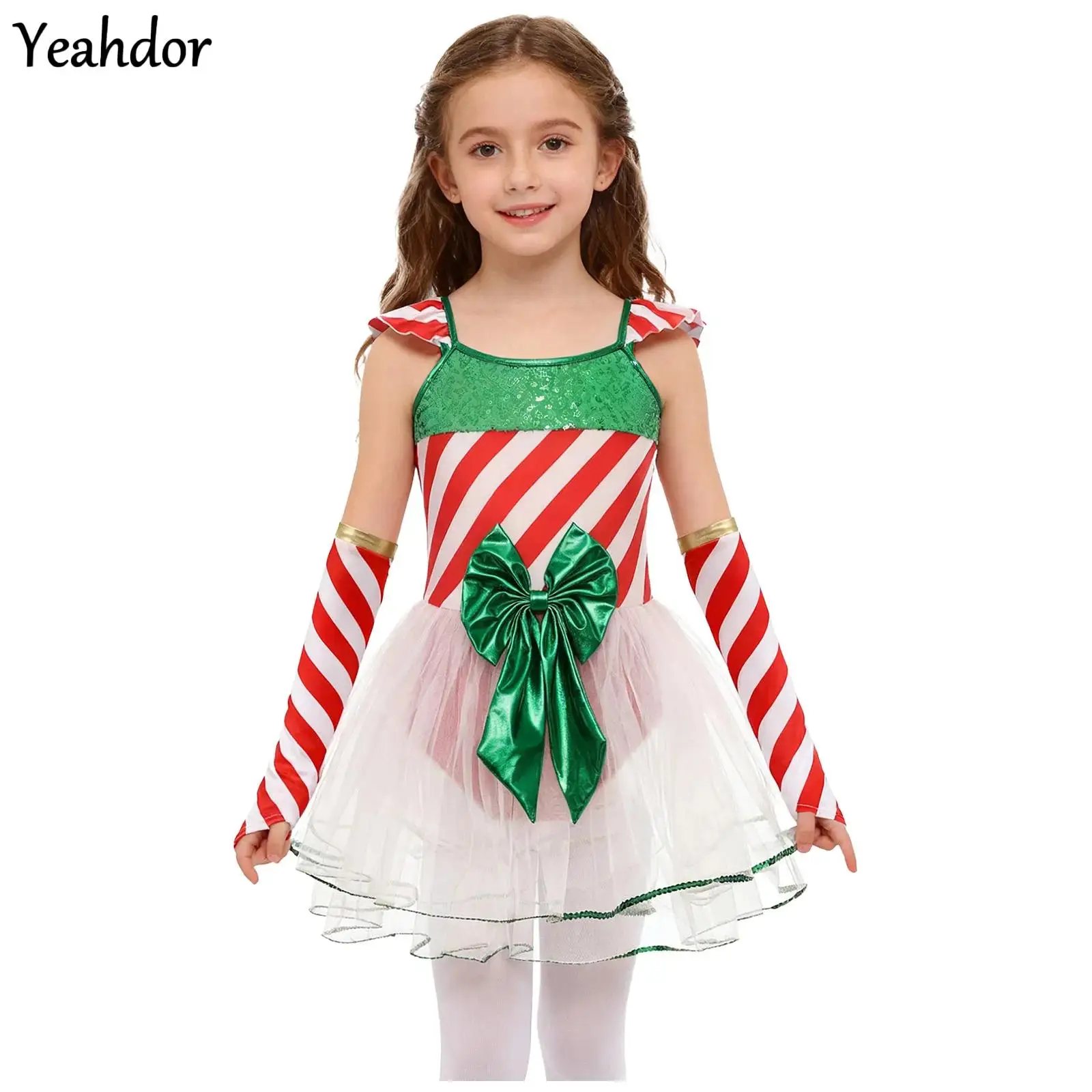 

Girls Christmas Dance Costume Candy Cane Striped Bowknot Dress Sequin Mesh Ballet Tutu Dress Santa Claus Skating Leotard Clothes