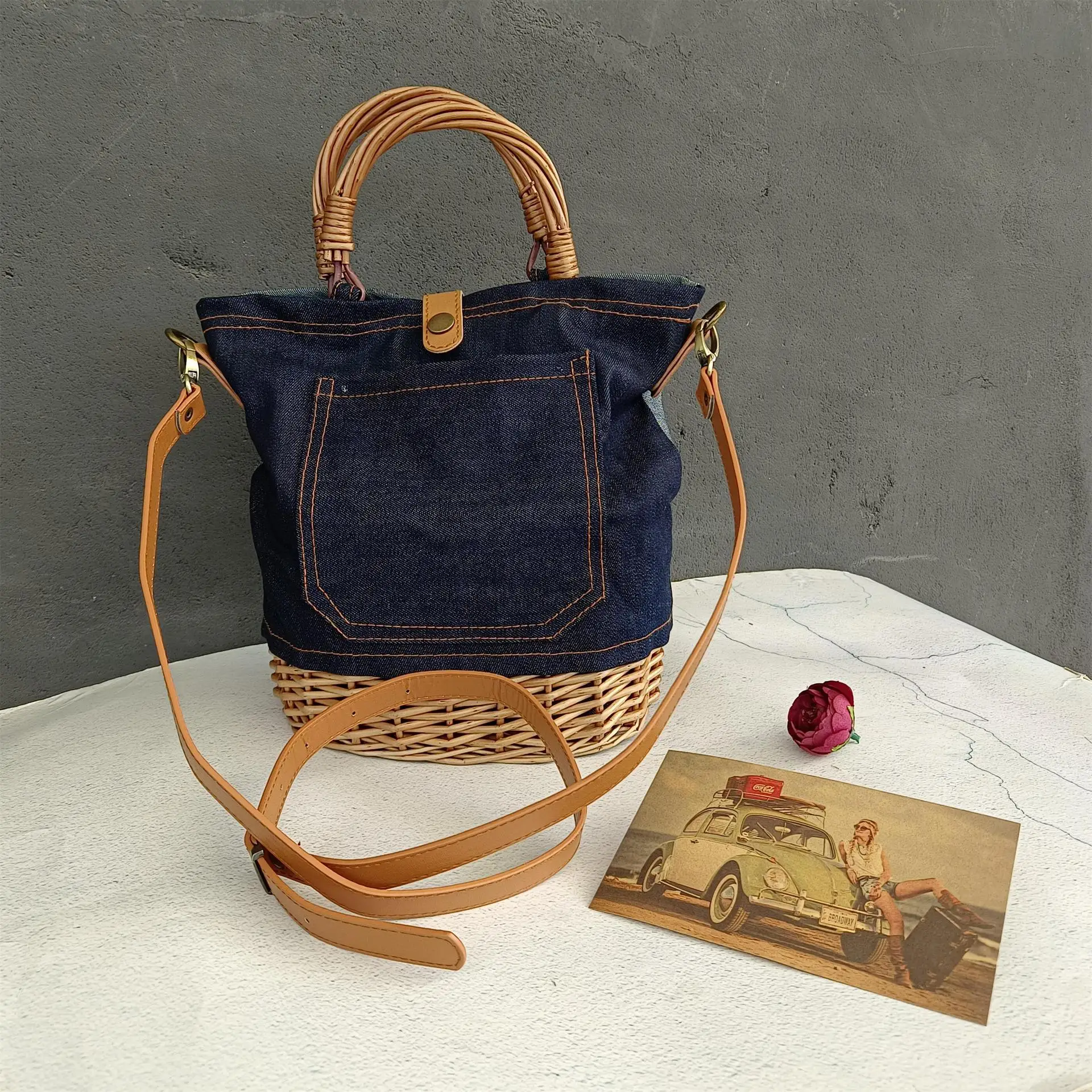 

Women Willow Weaving Shoulder Bag Large Capacity Denim Tote Bag Handbag Clutch Bags Simple Female Commuter Handbag Crossbody Bag