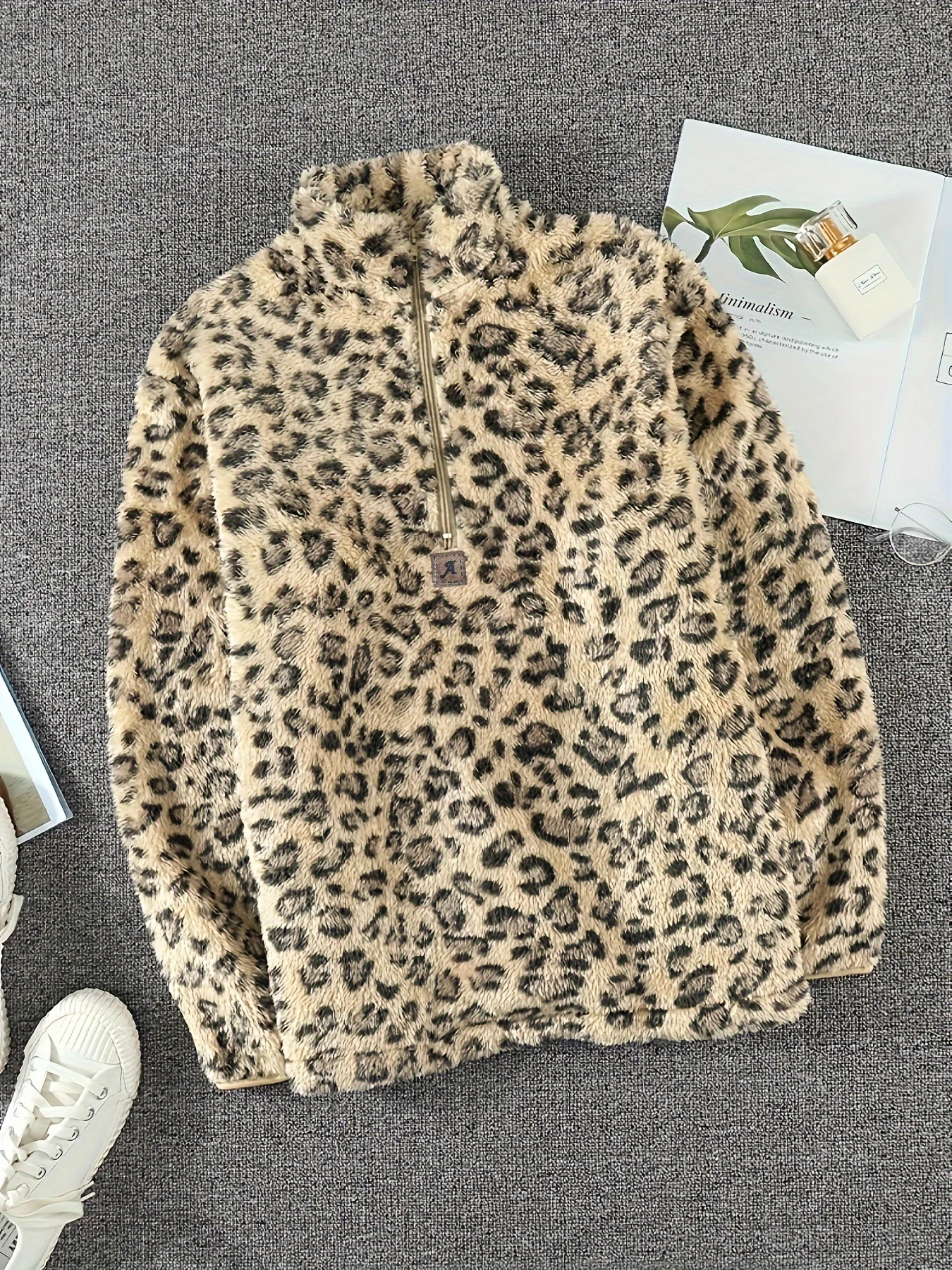 Plus Size Casual Sweatshirt, Women\'s Plus Leopard Print Long Sleeve High Neck Zipper Sweatshirt