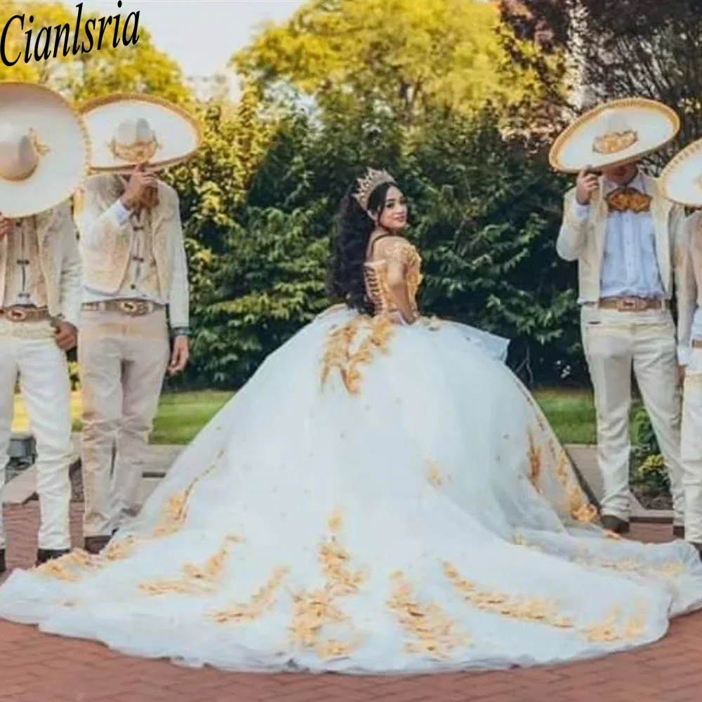 Vestido De princesa De quinceañera con hombros descubiertos, traje De encaje con lentejuelas, cuentas De lazo, tren De barrido, Túnica dulce De 15 años