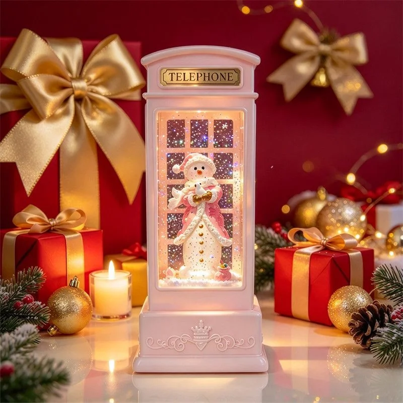 Illuminated Telephone Booth Night Light Pink Snowman Lantern Vintage Christmas Tabletop Decoration Home Room Decor Holiday Gift