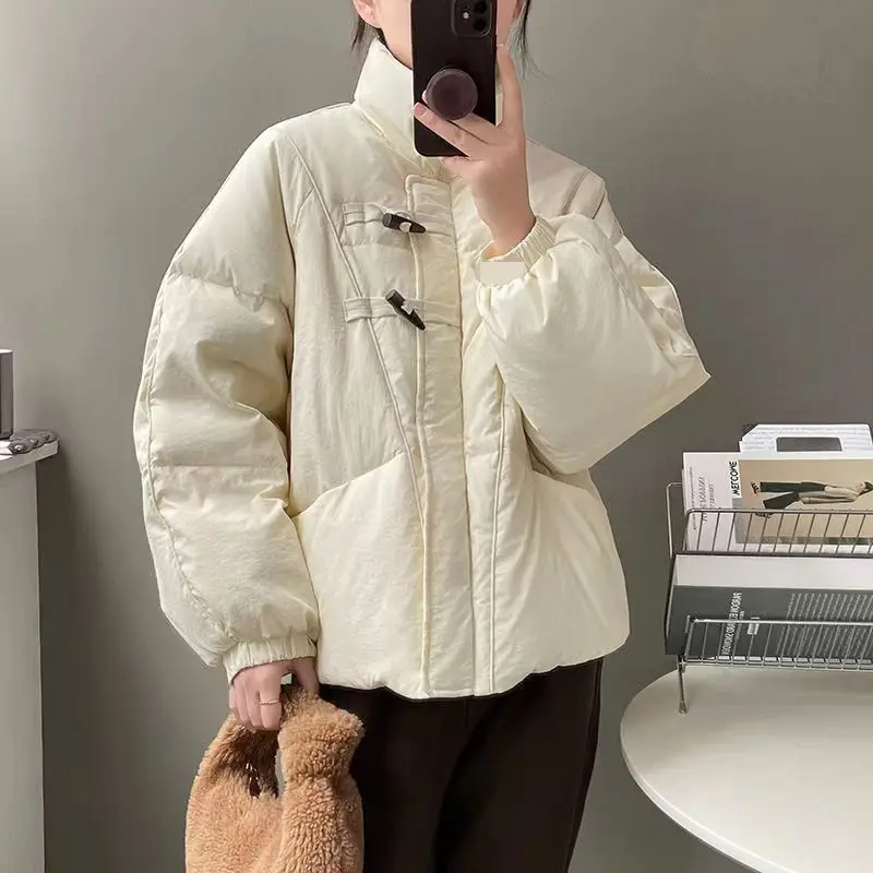 Trendy Korean Personalized Warm Cotton Coat Women 2024 New Thickened Horn Buckle Loose Bread Coat Winter Short Coat Small People