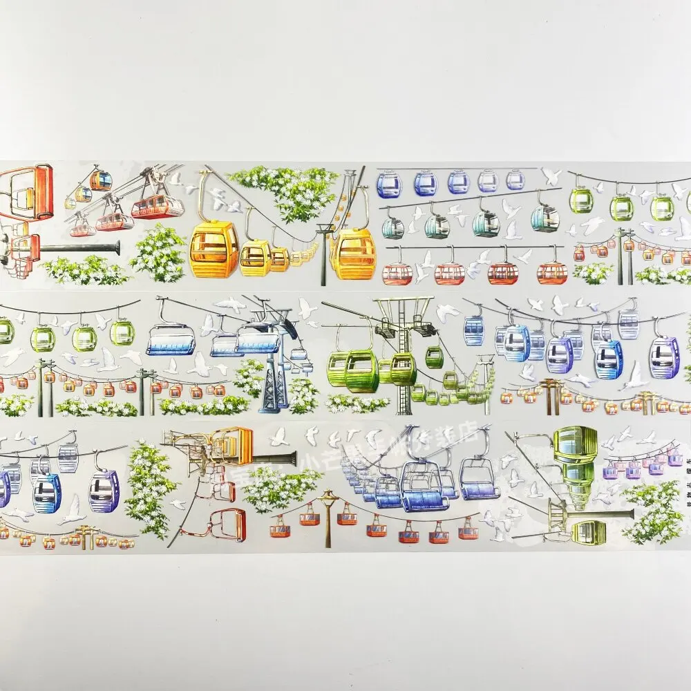 1 Loop Washi PET Tape Cable Car Mountain Pigeon Flower Pattern Sticker Journal Decoration DIY Stationery Adhesive Sticker for Sc